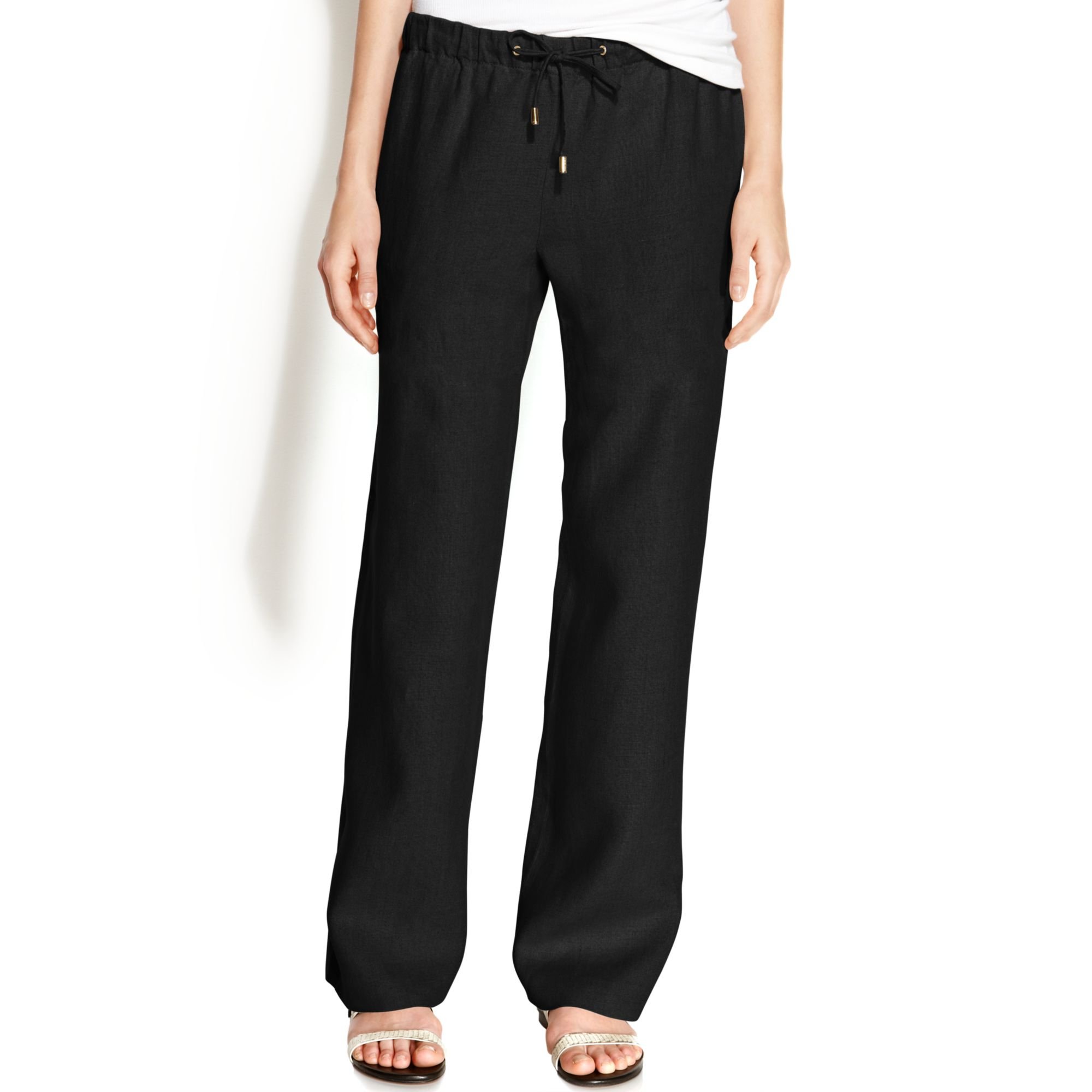 Michael Kors Michael Petite Drawstring Linen Wideleg Pants in Black Lyst