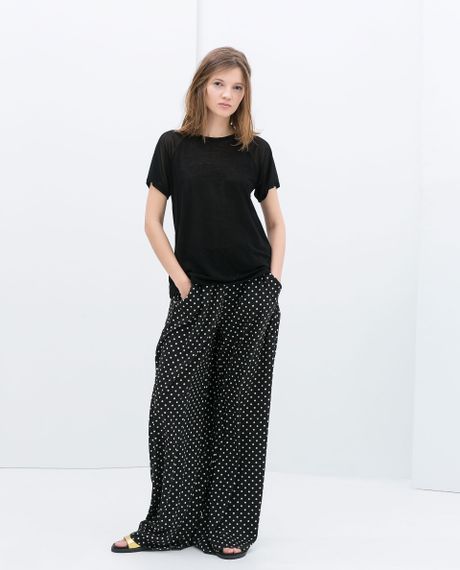 Zara Wide Leg Polka Dot Trousers in Black | Lyst