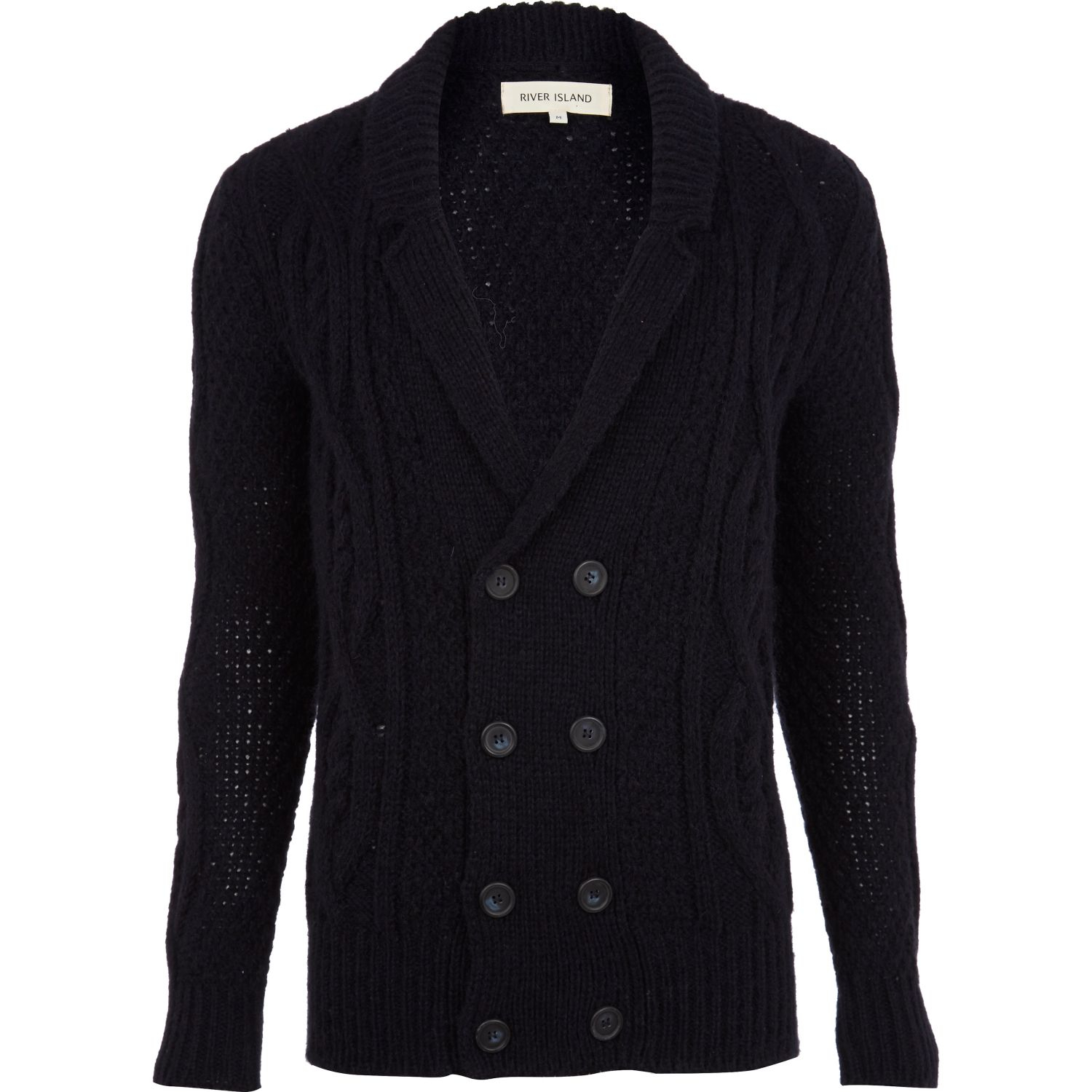 River Island Navy Double Breasted Cable Knit Cardigan in Blue for Men