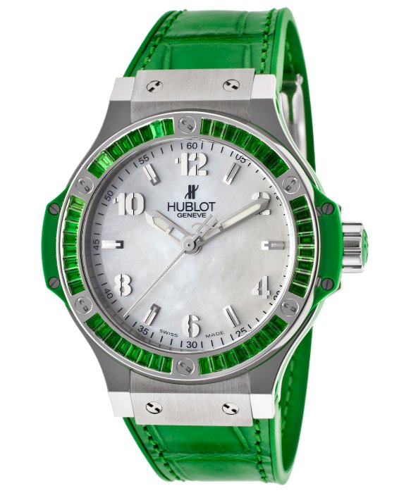 Hublot Womens Big Bang Tsavorite Bezel Green Genuine Alligator Strap in