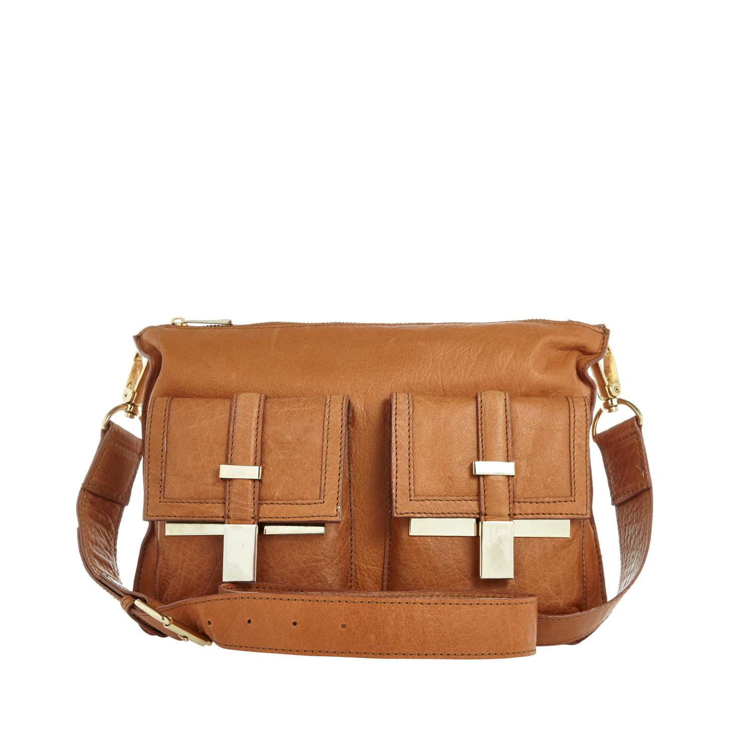 River Island Tan Leather Double Pocket Cross Body Bag in Brown (tan) | Lyst