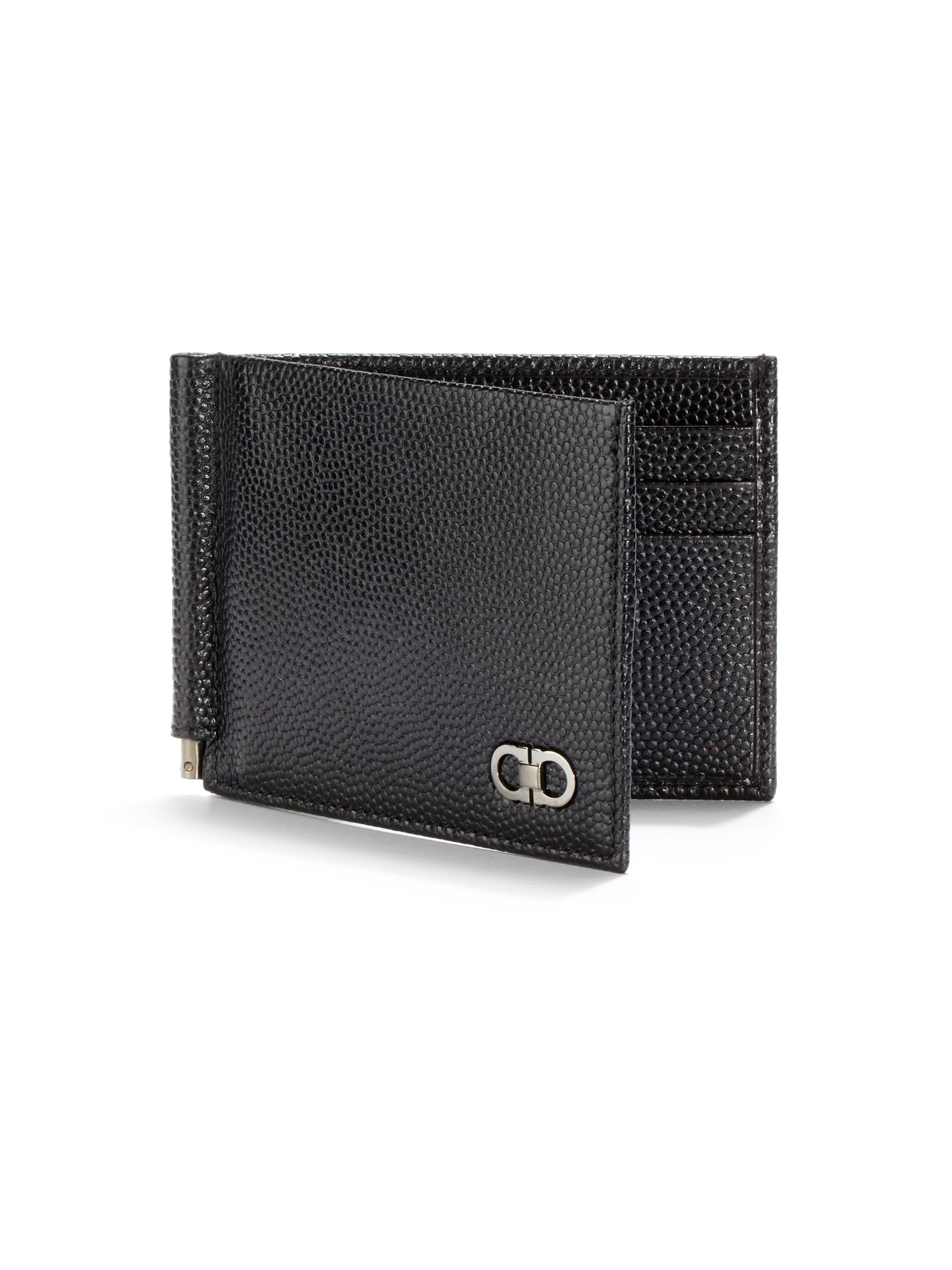 Ferragamo Pebbled Leather Bifold Wallet Money Clip in Black for Men | Lyst