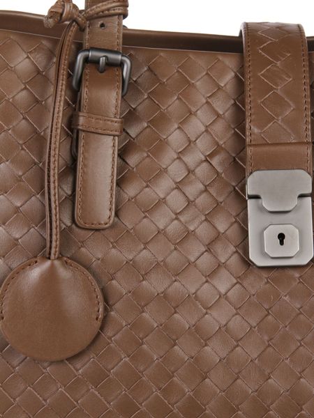 Bottega Veneta Roma Woven Nappa Leather Top Handle Bag in Brown