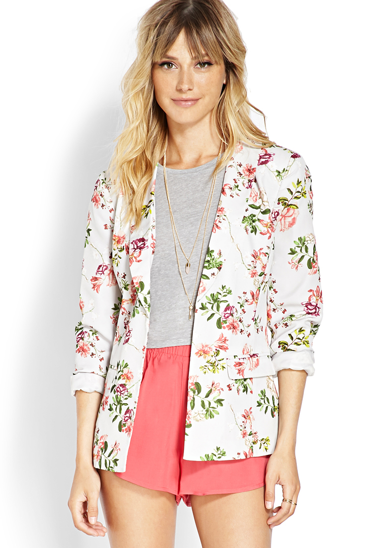 Forever 21 Satin Floral Blazer in Pink (GREY/CORAL) Lyst