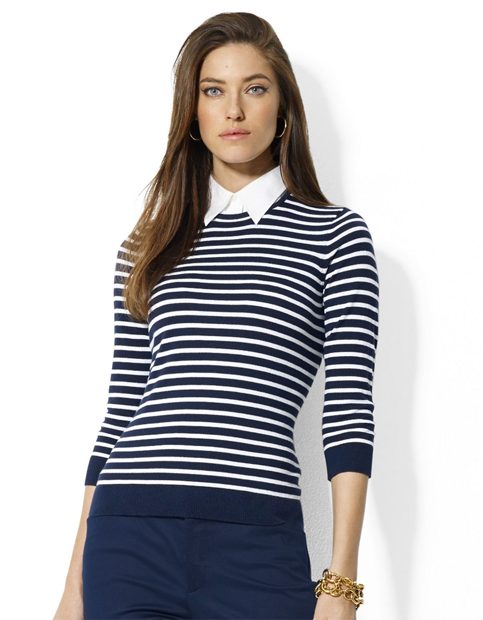 Lauren By Ralph Lauren Collared Striped Crewneck Sweater in Blue (Navy/White) | Lyst