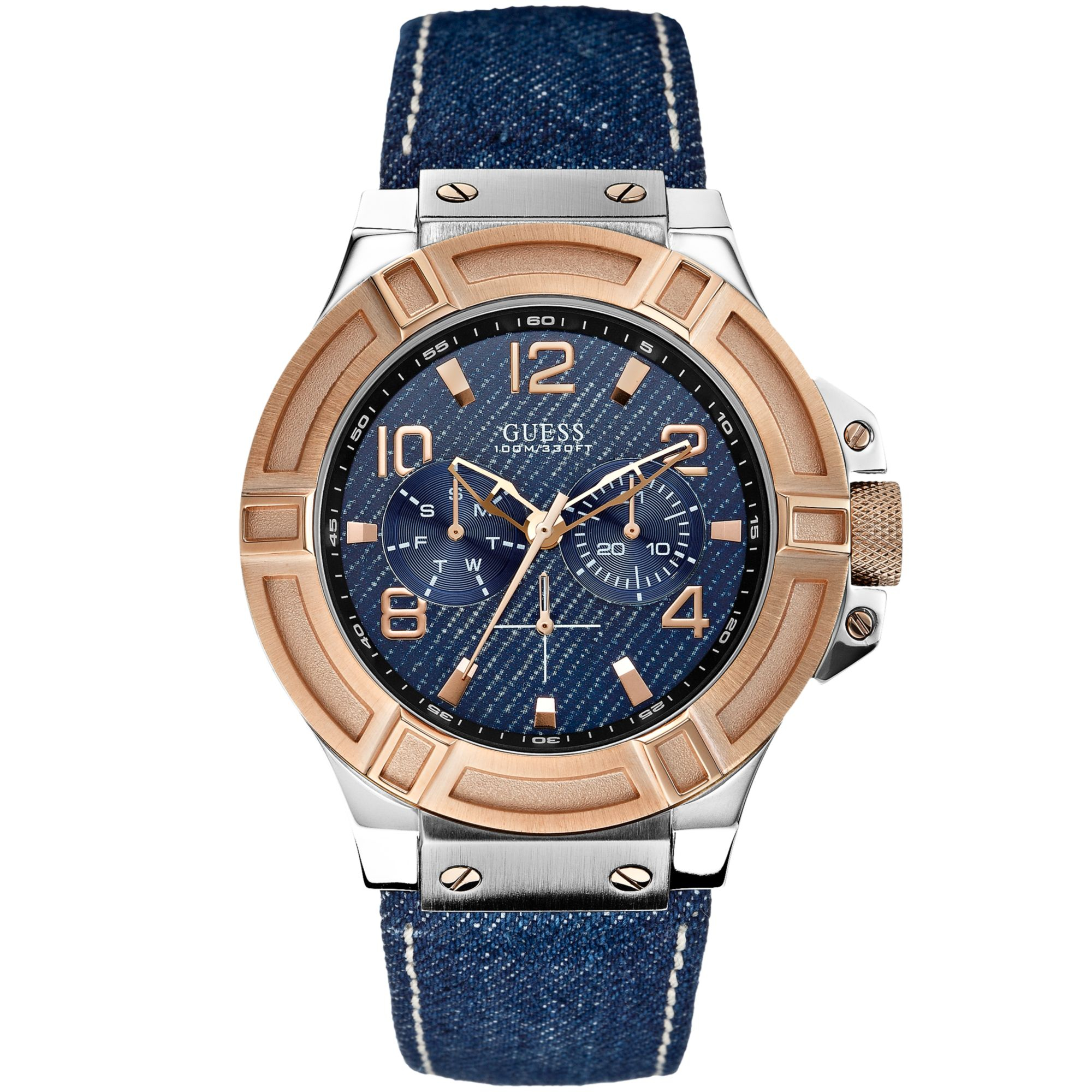 Guess Mens Blue Denim Leather Strap Watch 46mm in Blue for Men