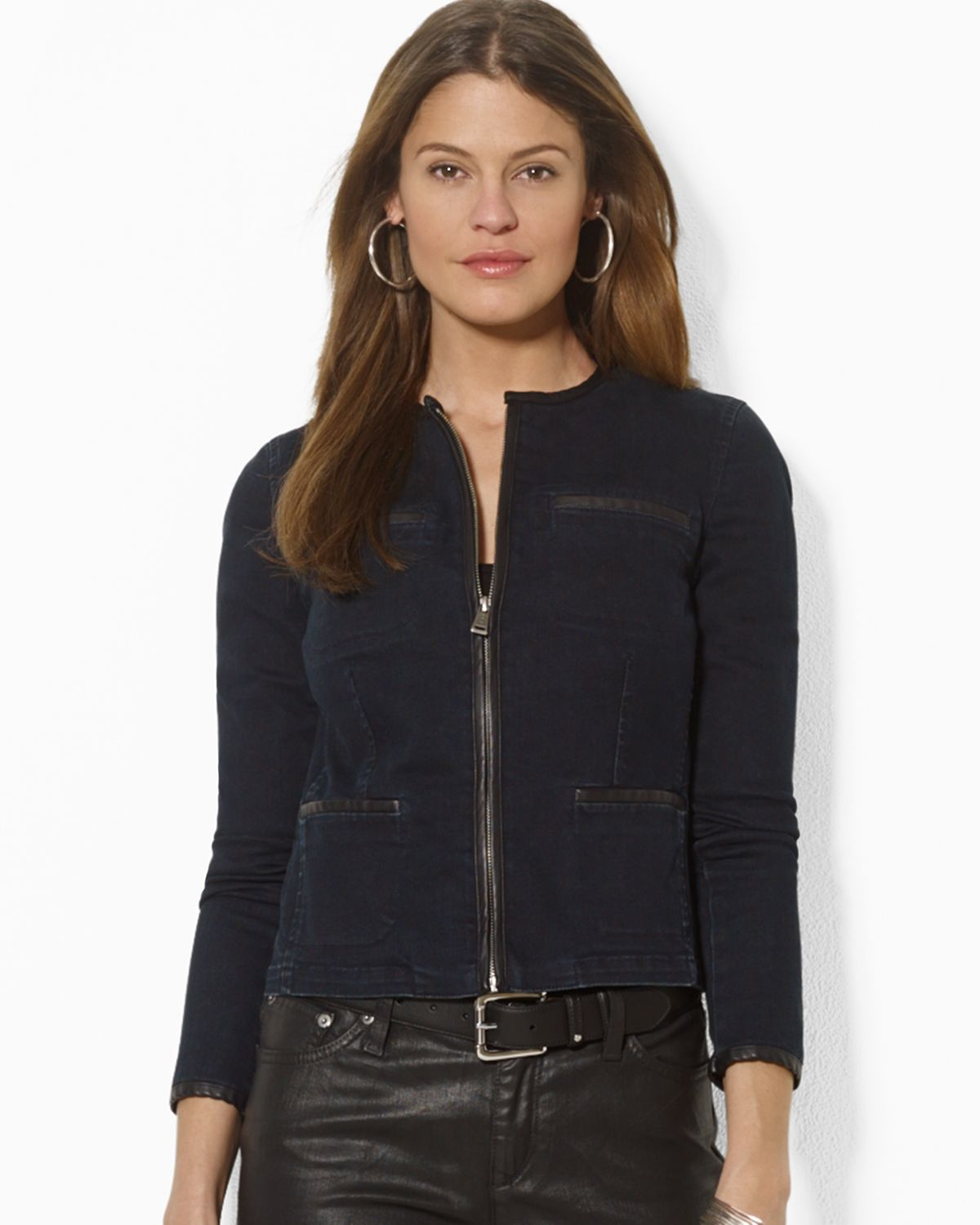 Ralph Lauren Lauren Denim Jacket With Faux Leather Trim In Blue Stillwater Wash Lyst 