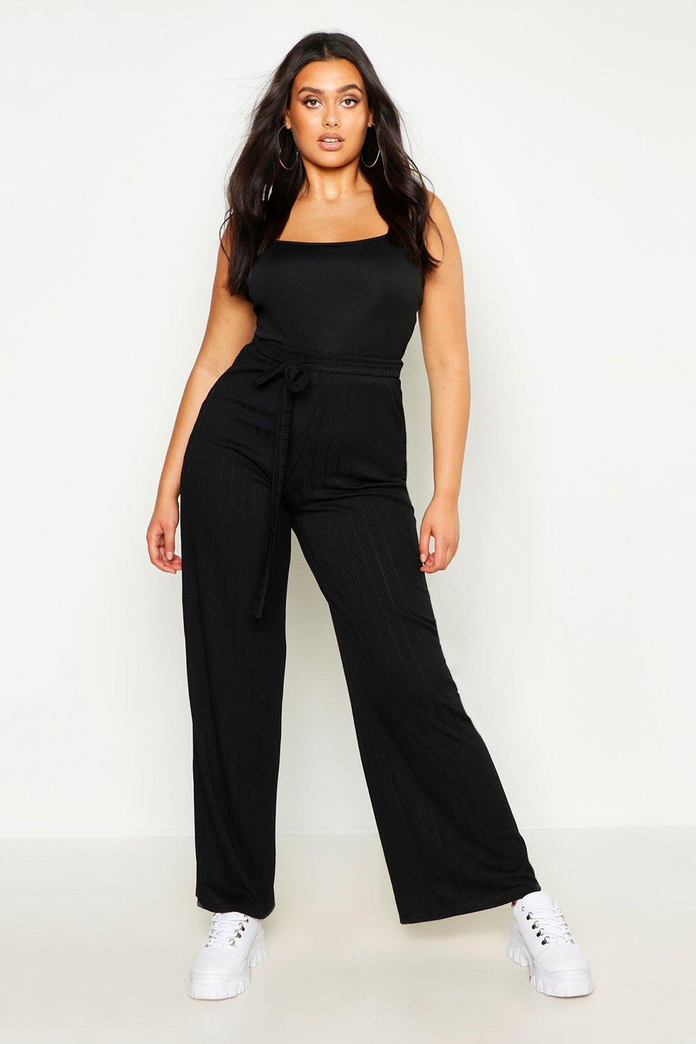 Boohoo Plus Plaited Rib Belted Wide Leg Trouser In Black Lyst