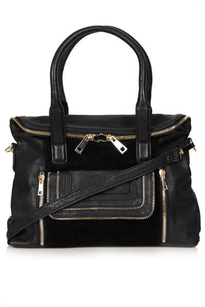 Topshop Multi Zip Fold Pocket Leather Tote Bag in Black | Lyst