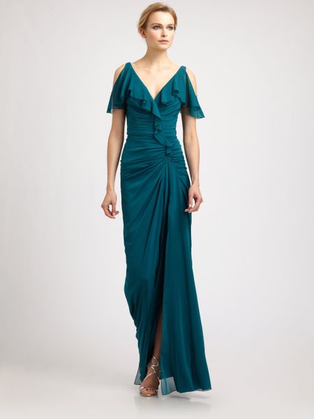 badgley mischka teal sculptural gown