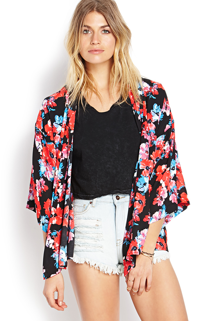 Forever 21 Watercolor Floral Kimono in Red (Blackred)