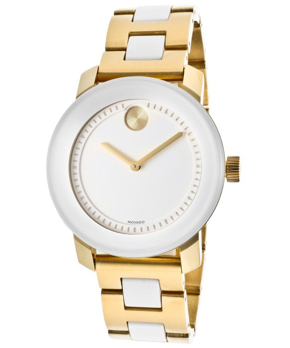 Movado Womens Bold White Dial Gold Tone Ion Plated Stainless Steel White Resin Mov Watch In Gold 