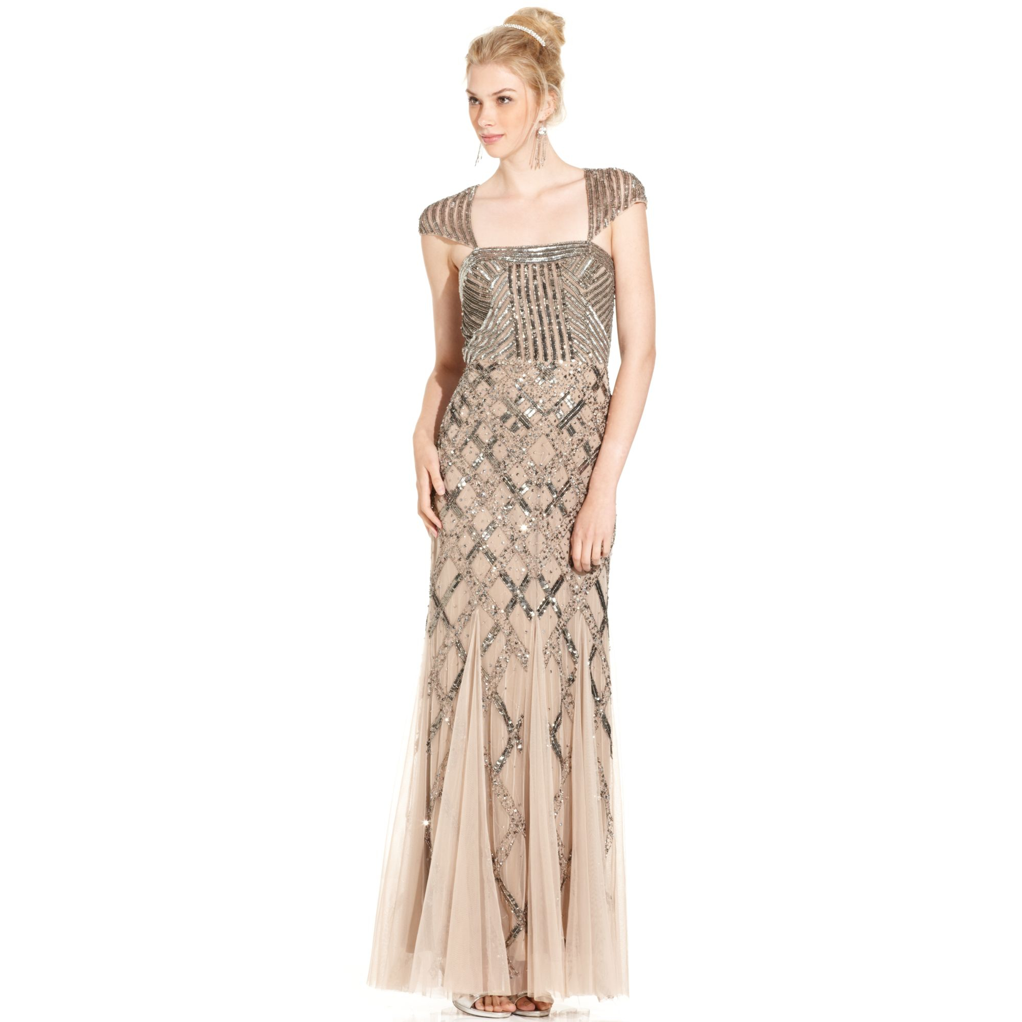 Adrianna Papell Petite Capsleeve Sequined Beaded Gown in Beige (Nude