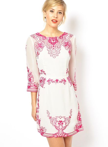 Asos Placement Embroidered Shift Dress in White (Whitepink) | Lyst