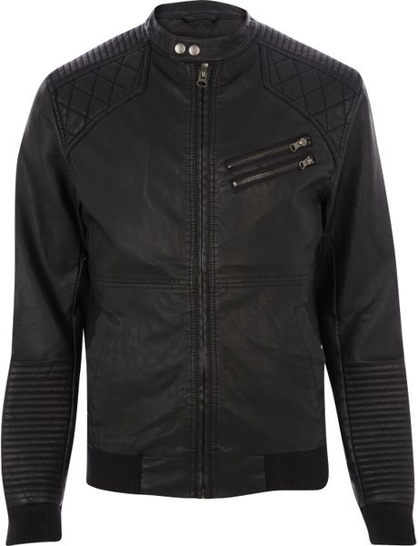 River Island Black Quilted Panel Collarless Biker Jacket In Black Lyst