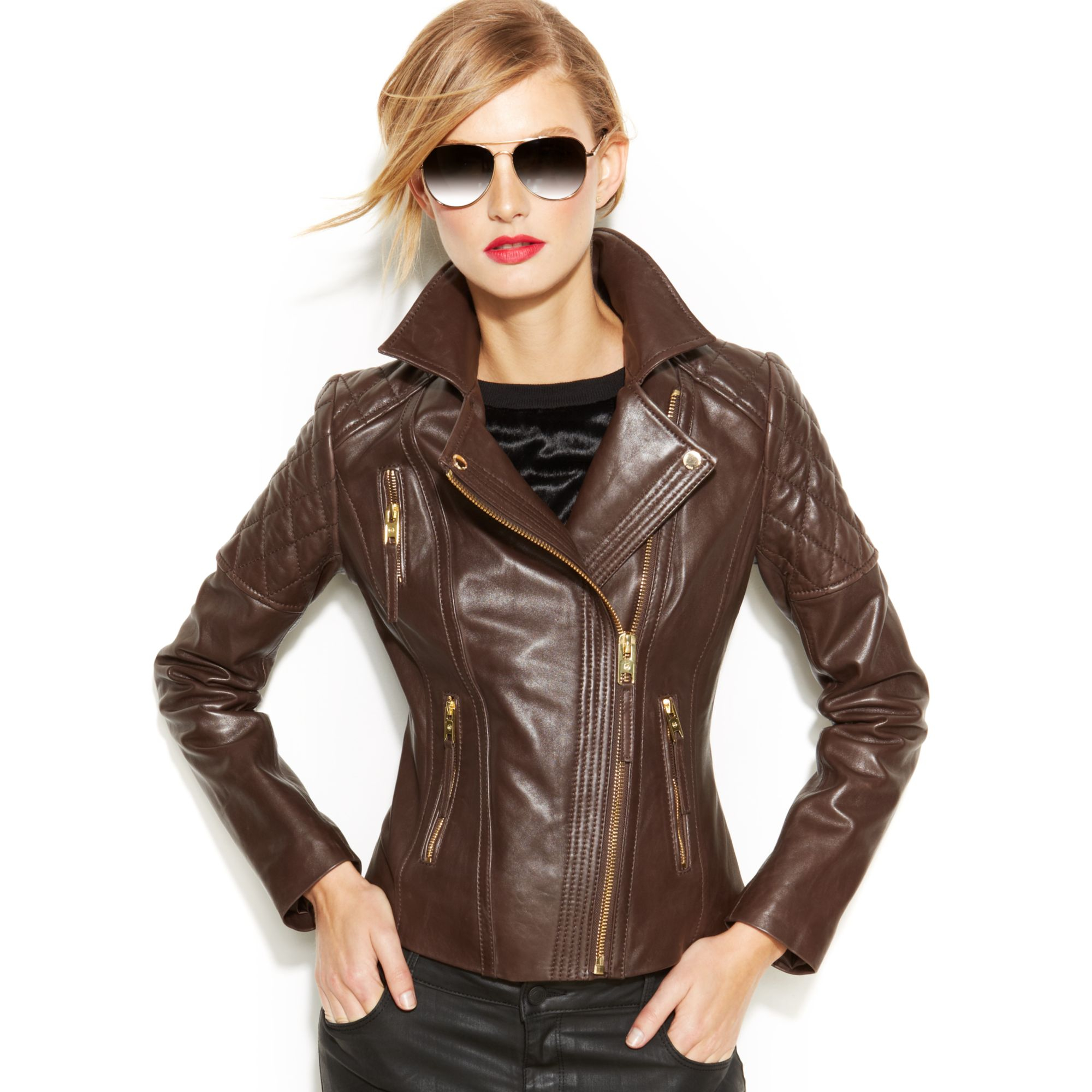Michael Kors Michael Leather Moto Jacket in Brown (Chocolate)