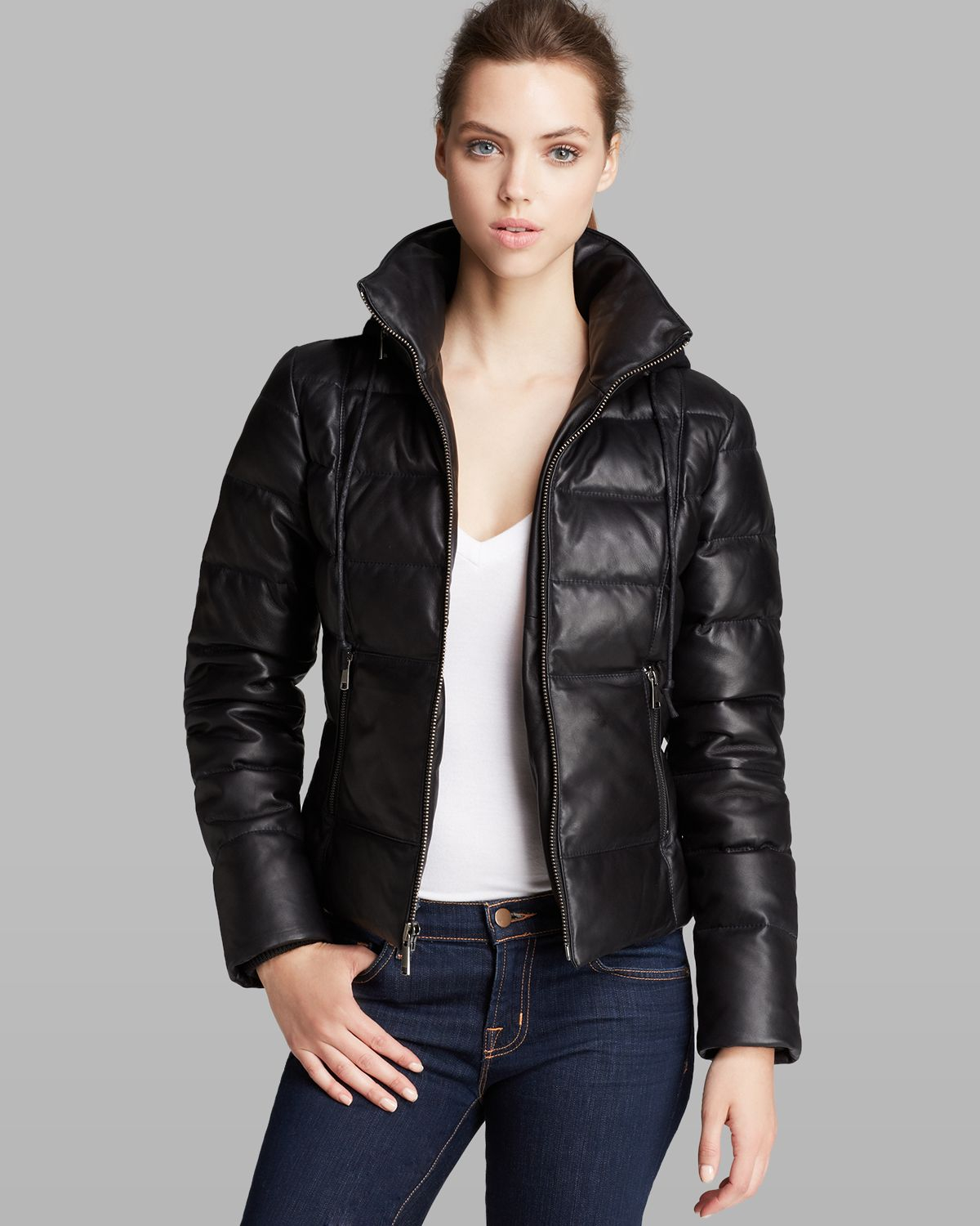 Andrew Marc Jacket - Taryn Hooded Down Leather In Black | Lyst