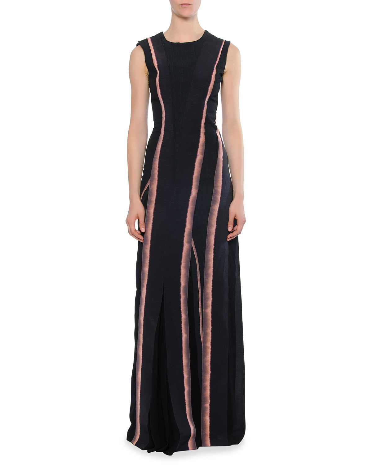 Bottega Veneta Jewel-Neck Bleached Vertical-Striped Dress in Black