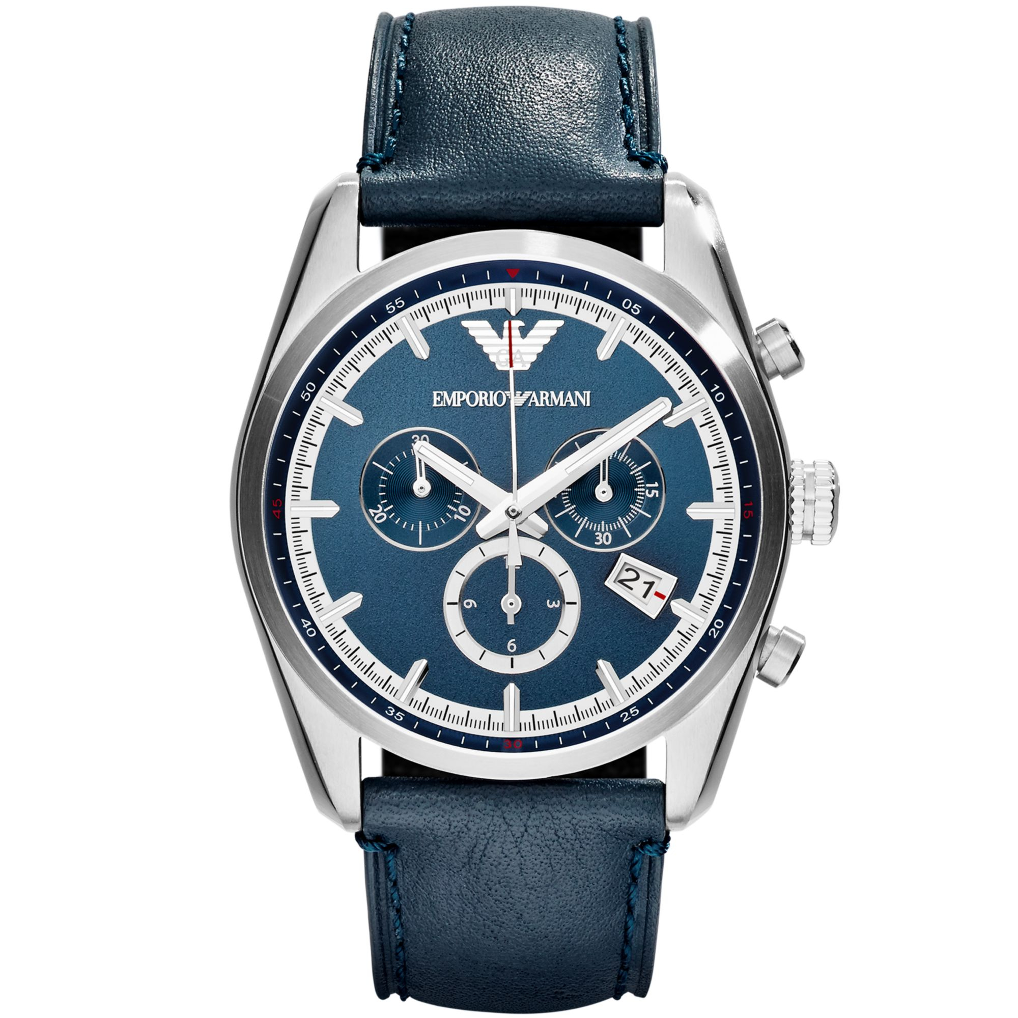 Emporio Armani Unisex Chronograph Tazio Blue Leather Strap Watch 43mm
