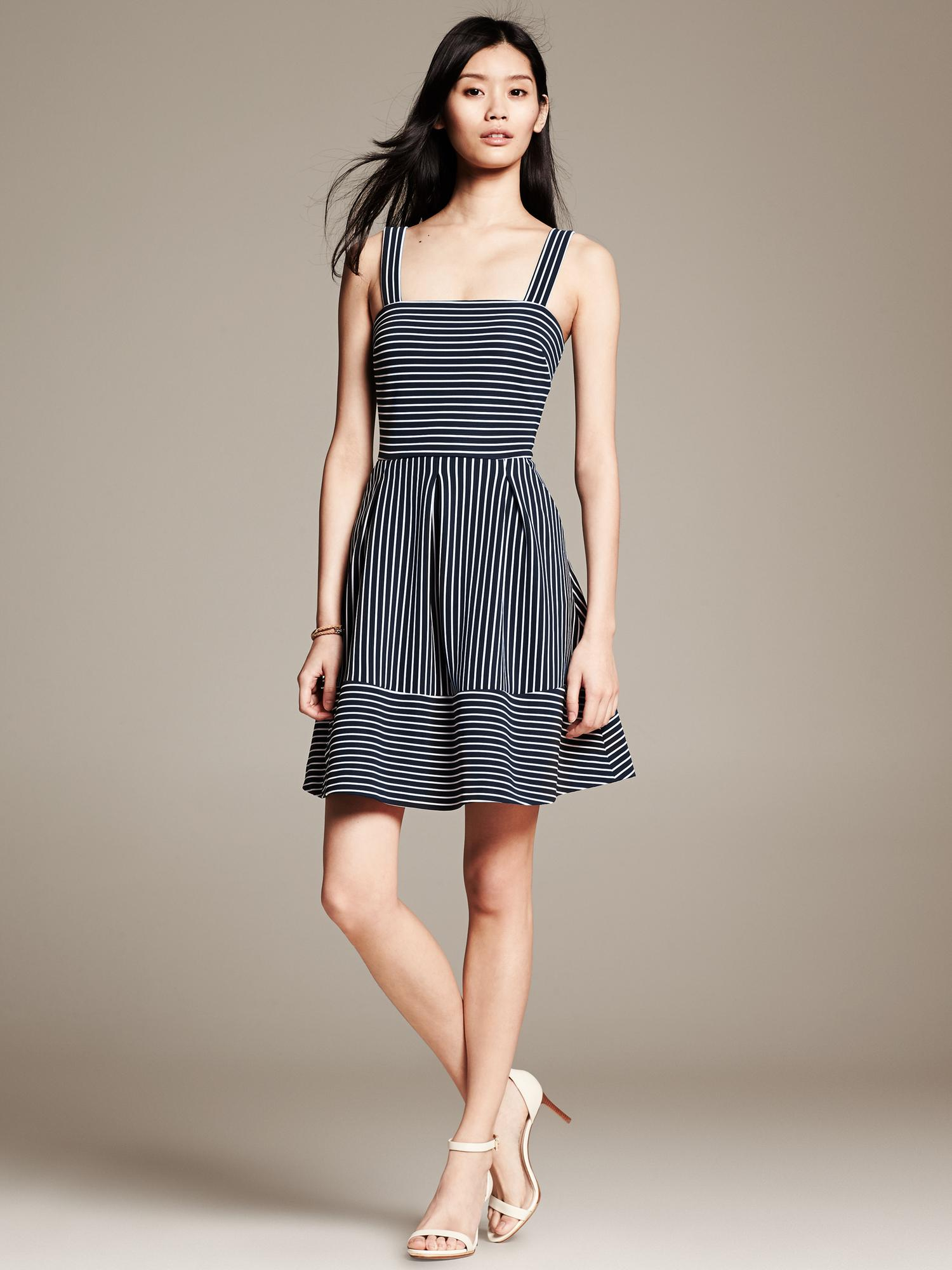 Banana Republic Mixed Stripe Pleated Fit and Flare Dress Classic Navy