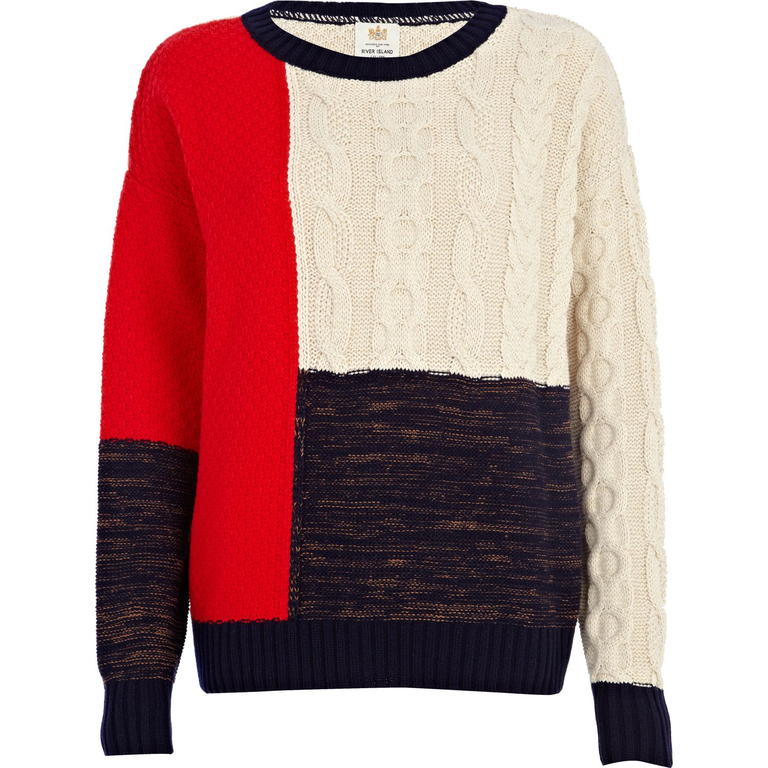 River Island Cream Cable Knit Colour Block Jumper in Beige for Men