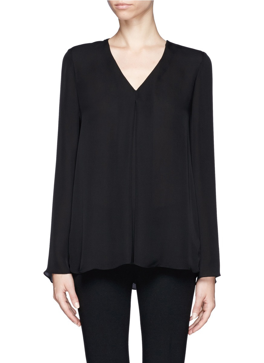 Theory Inverted Pleat Silk Blouse in Black | Lyst