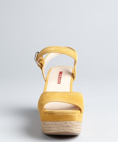 Prada Sport Mustard Suede and Jute Wedge Sandals in Yellow (mustard) | Lyst