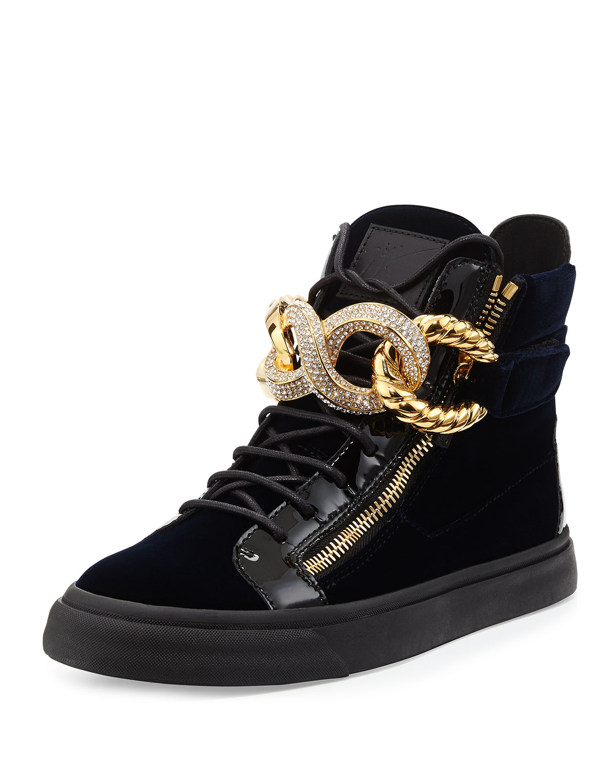 Giuseppe Zanotti Crystal Chainfront Velvet Hightop Sneaker in Black for