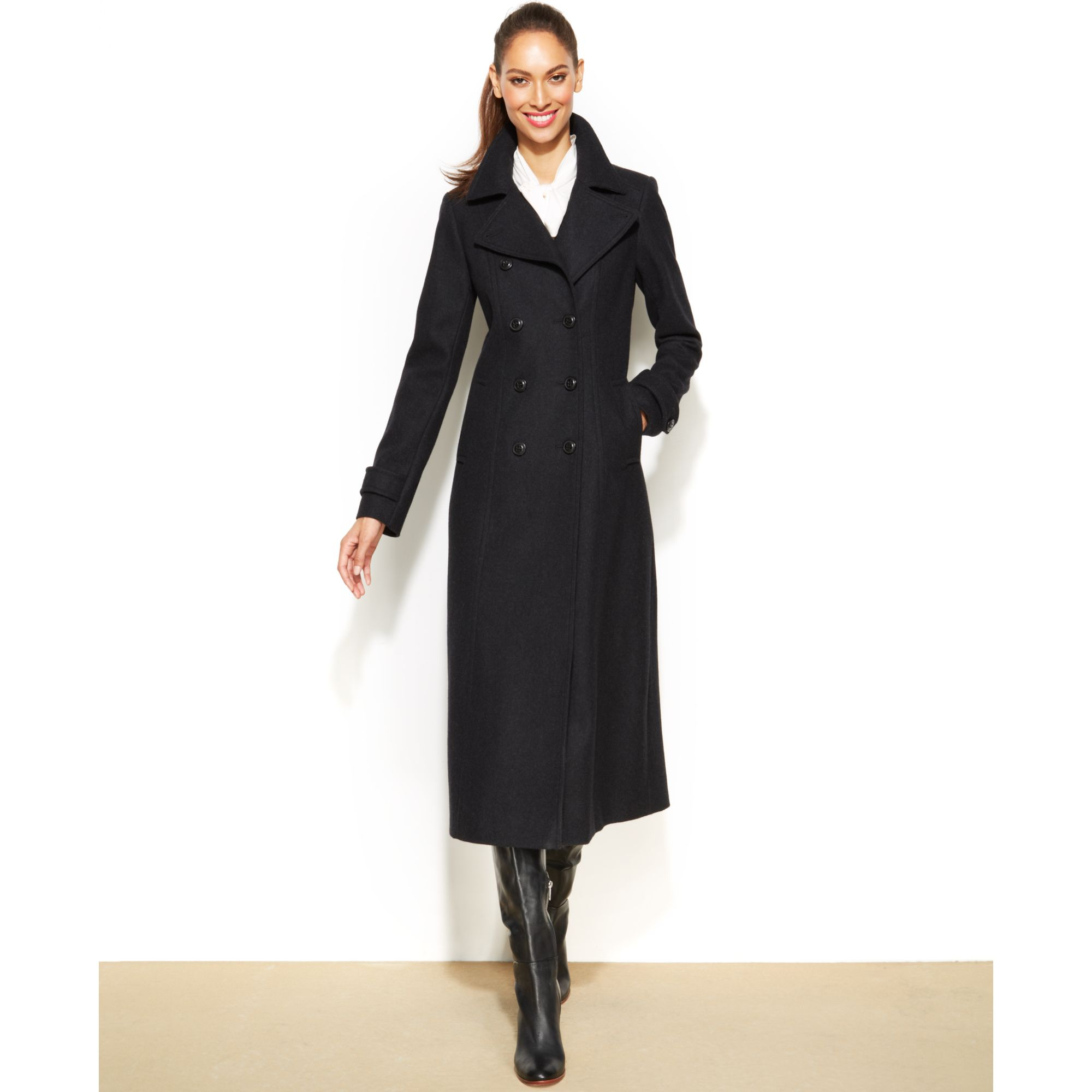 Dkny Petite Double-Breasted Wool-Blend Maxi Coat in Gray (Charcoal