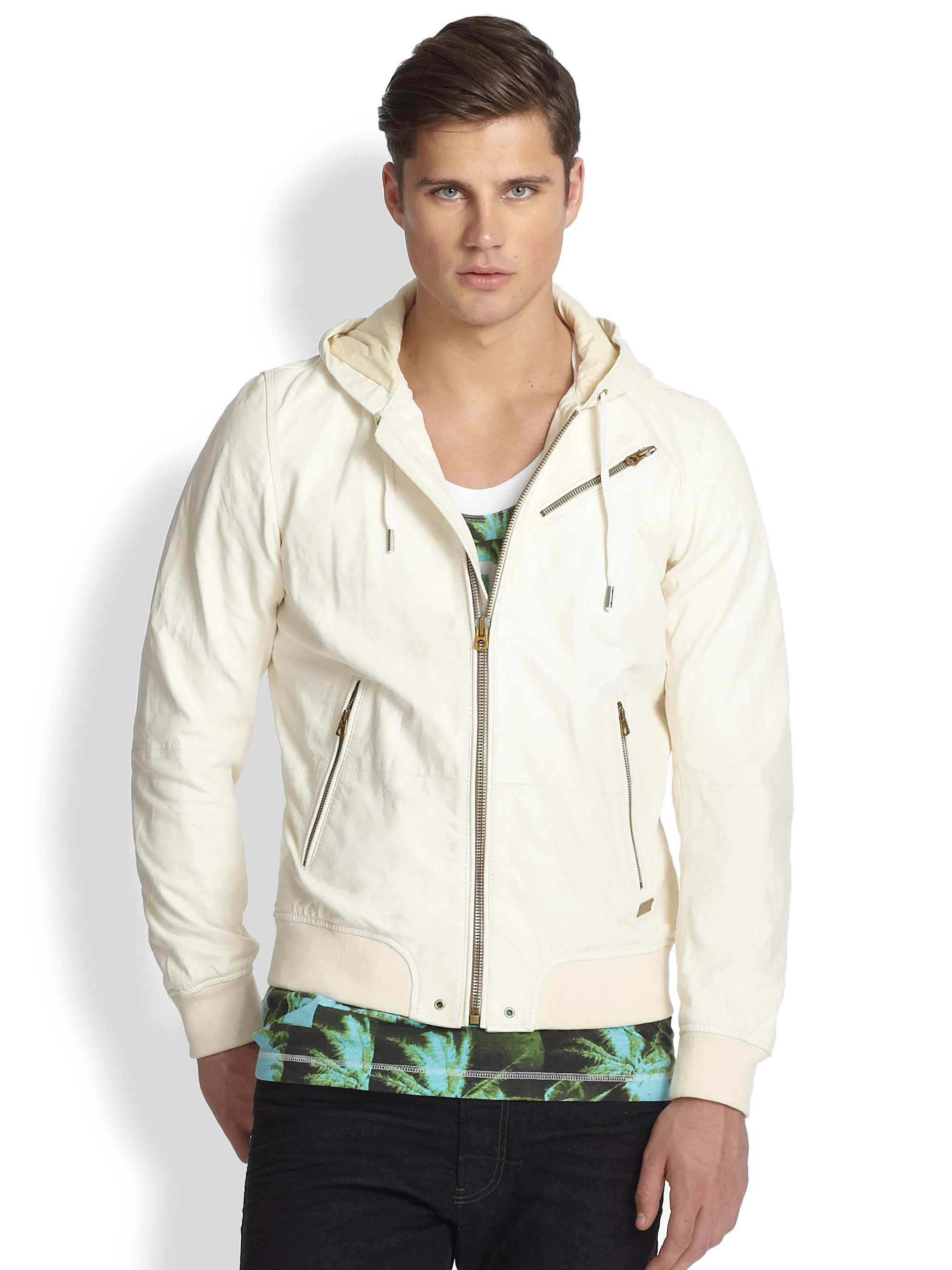 Diesel Hooded Leather Jacket in White for Men | Lyst