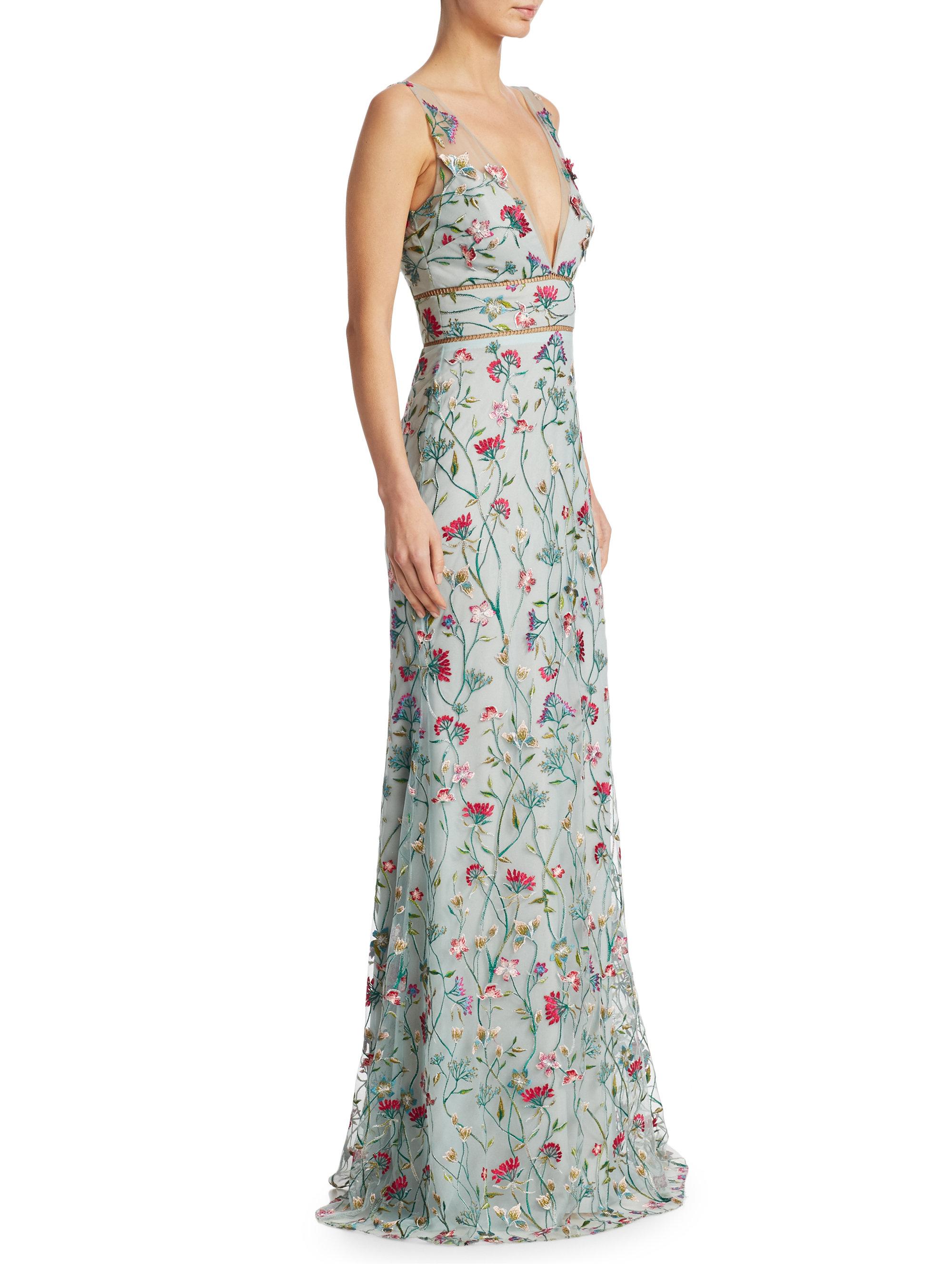 Lyst Notte By Marchesa Embroidered Floral Metallic Trim Gown In Blue