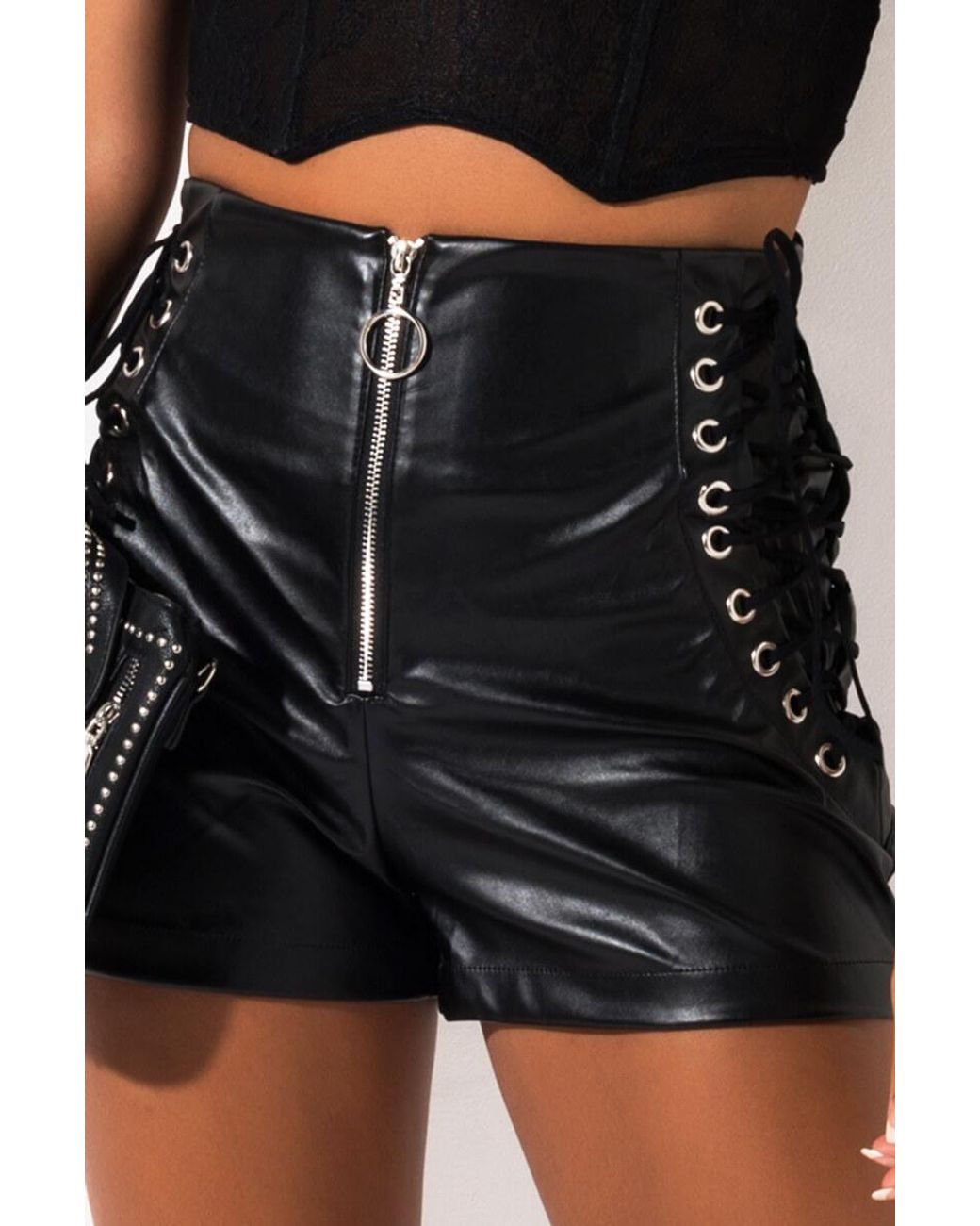 black leather lace up shorts