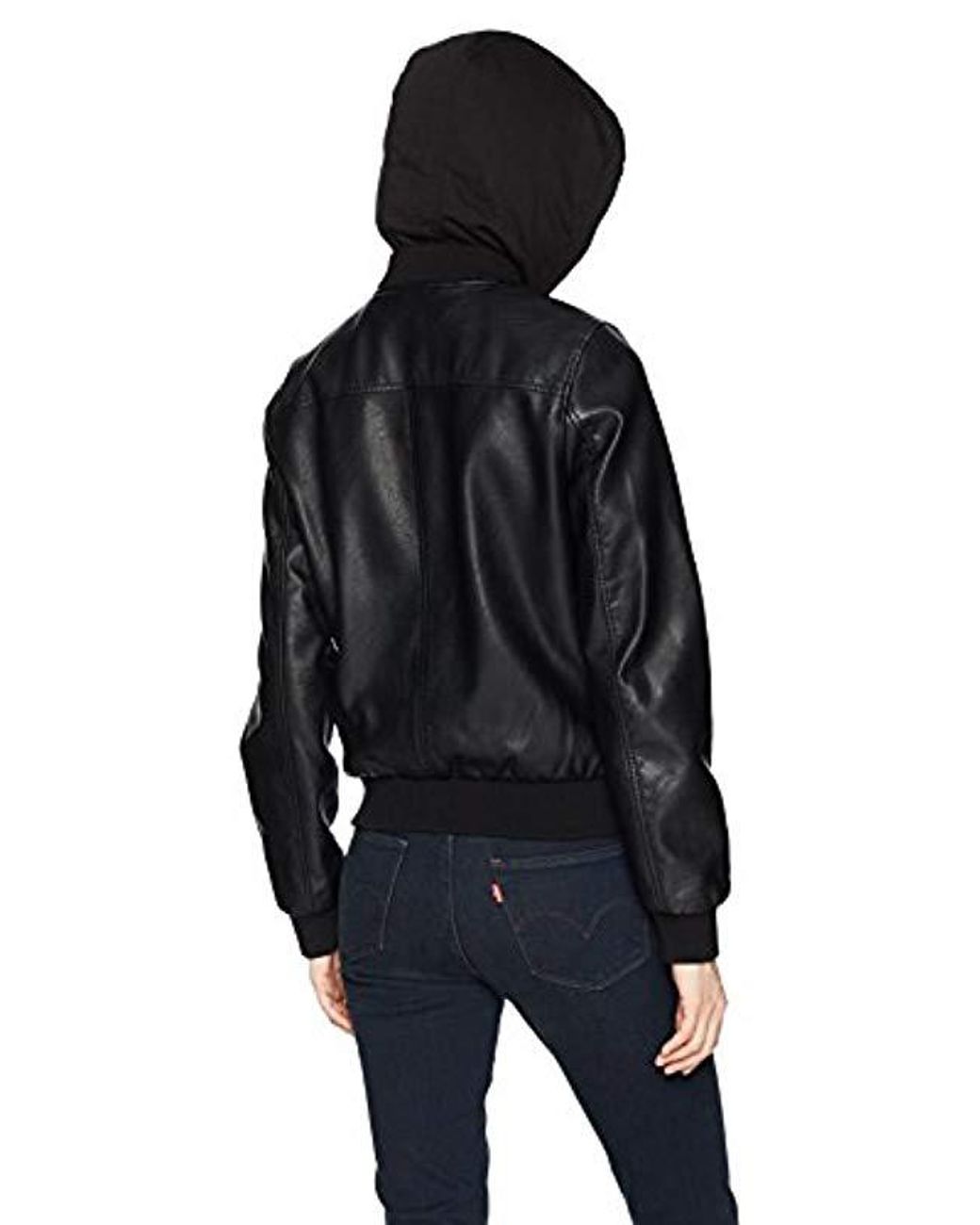 Women S Black Two Pocket Faux Leather Hooded Er Jacket
