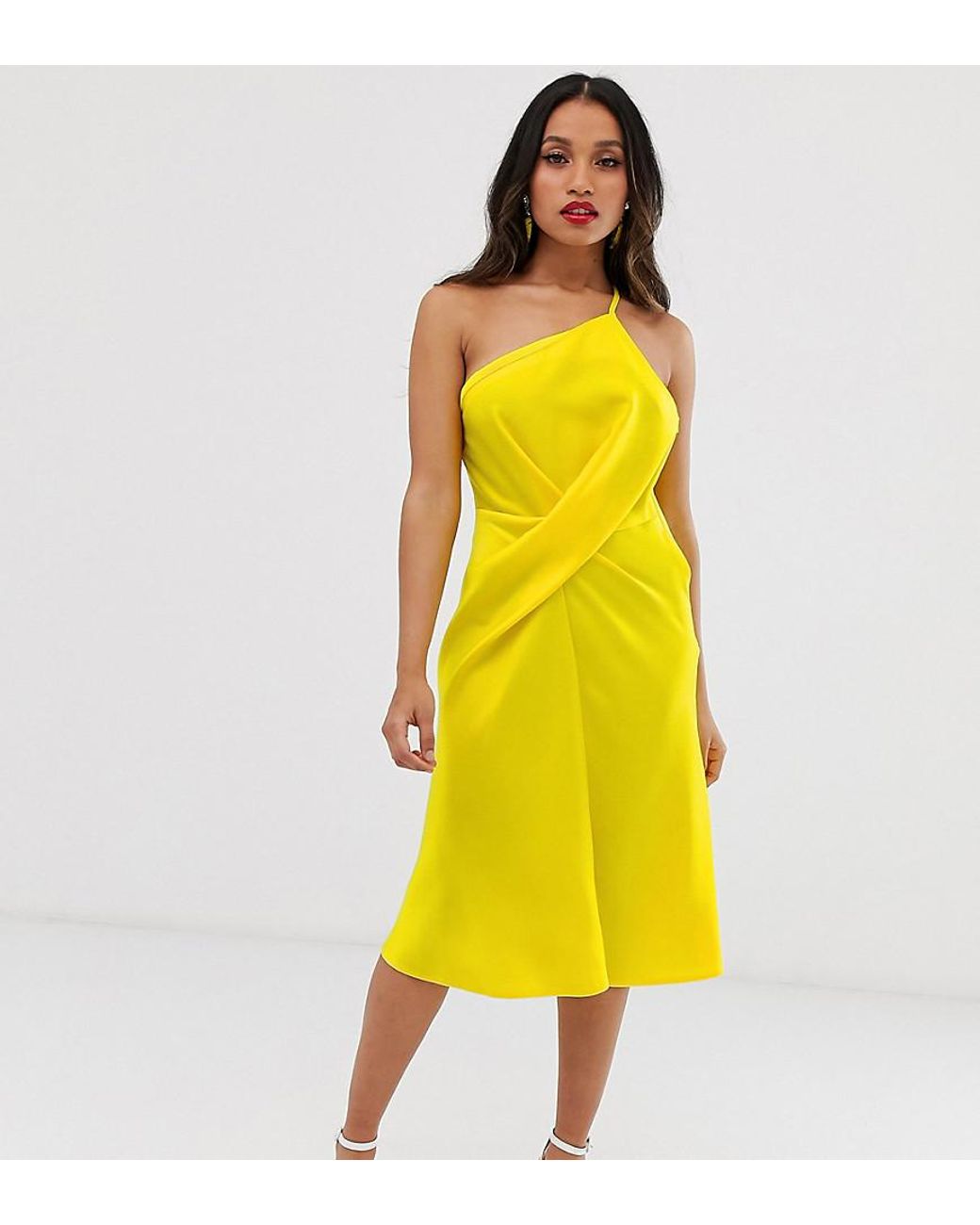 ASOS Asos Design Petite Midi Dress With One Shoulder In Satin in Red - Lyst