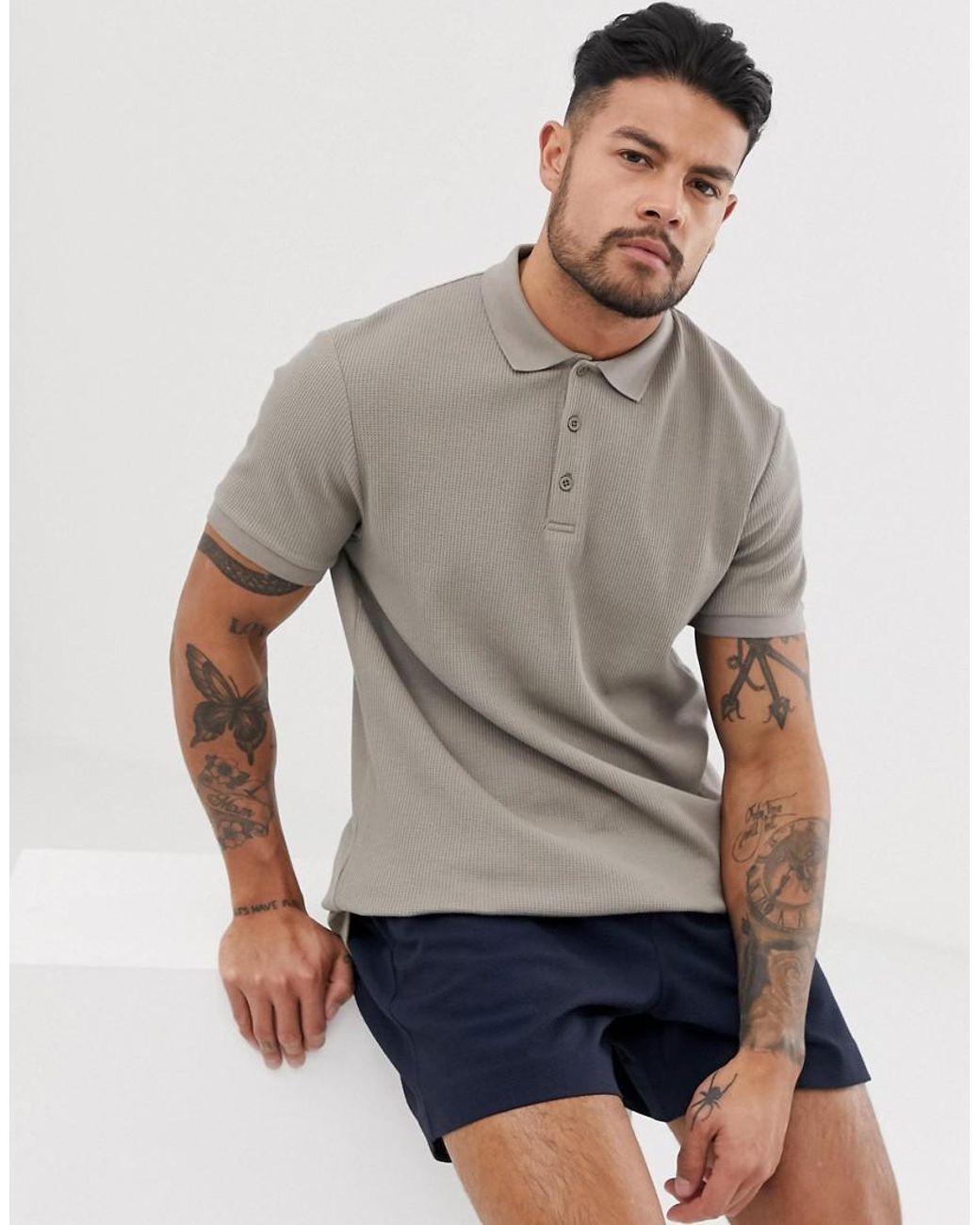 ASOS Jersey Waffle Polo In Beige in Natural for Men - Lyst