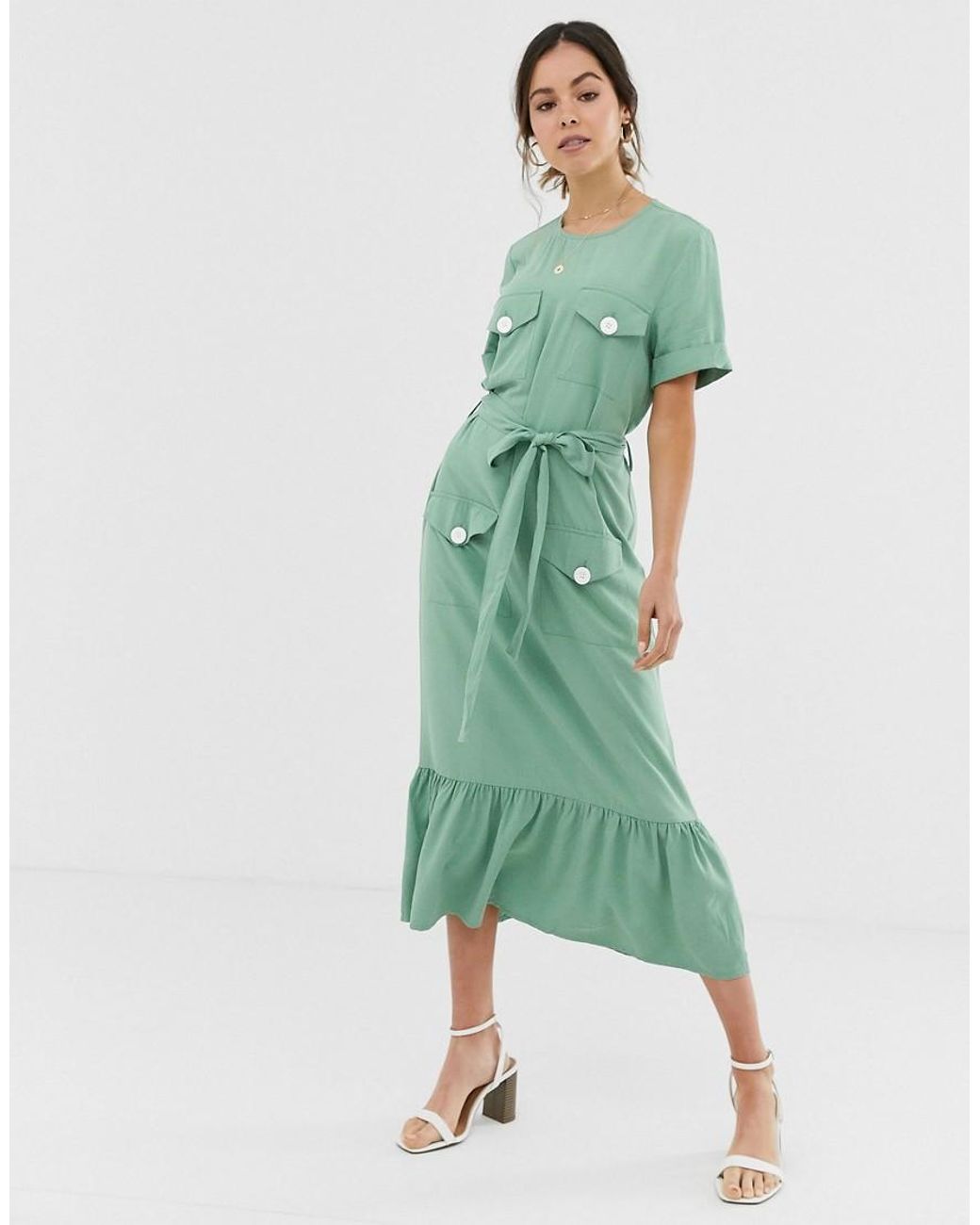 ASOS Pep Hem Midi Dress With Pockets in Green - Lyst