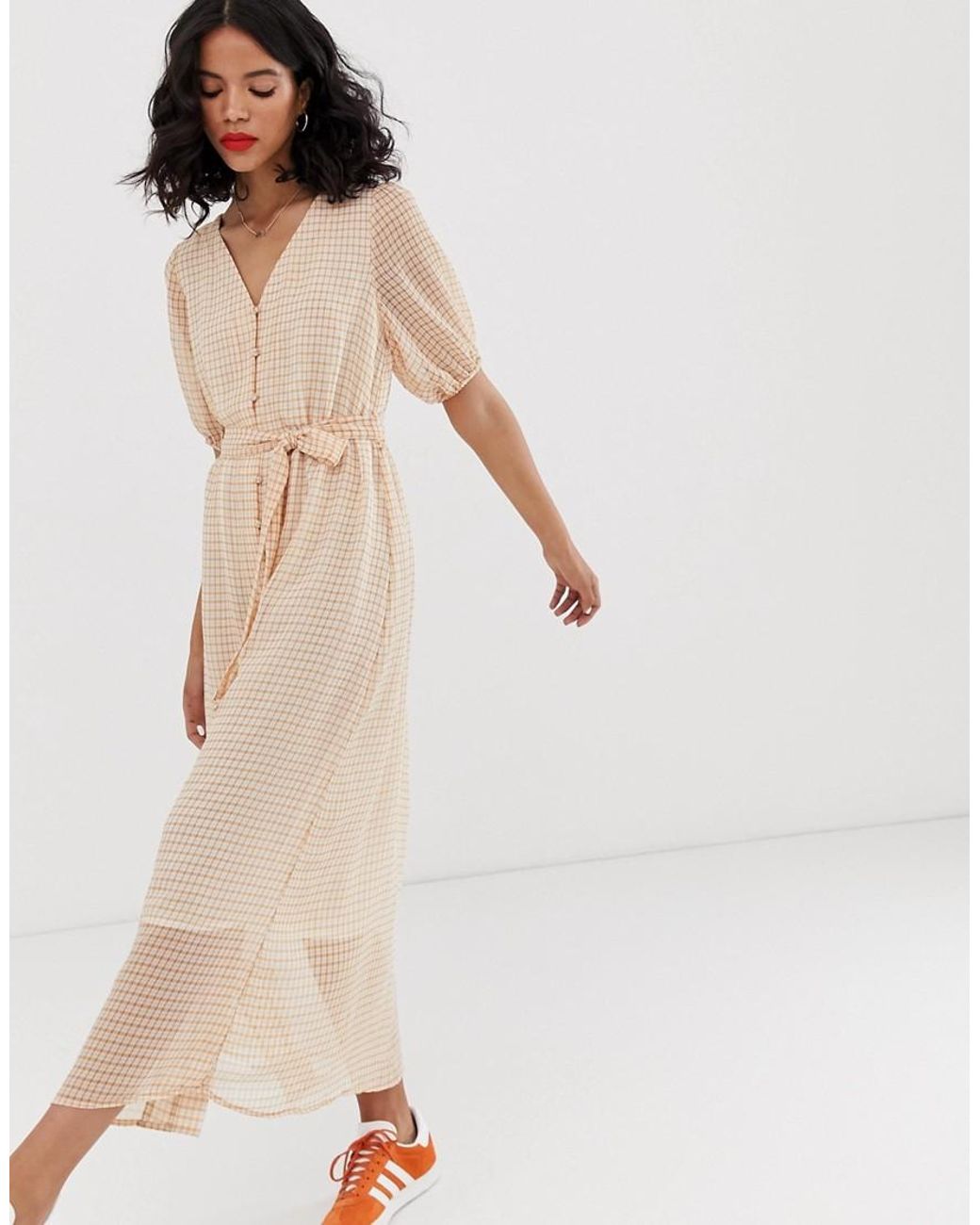 ONLY Sheer Check Button Through Maxi Dress in White - Lyst