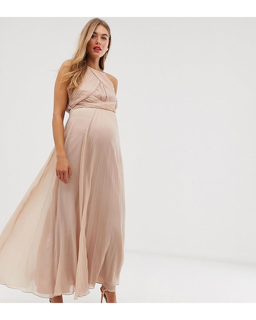 Asos Asos Design Maternity Bridesmaid Pinny Maxi Dress With Ruched Bodice In Pink Lyst 