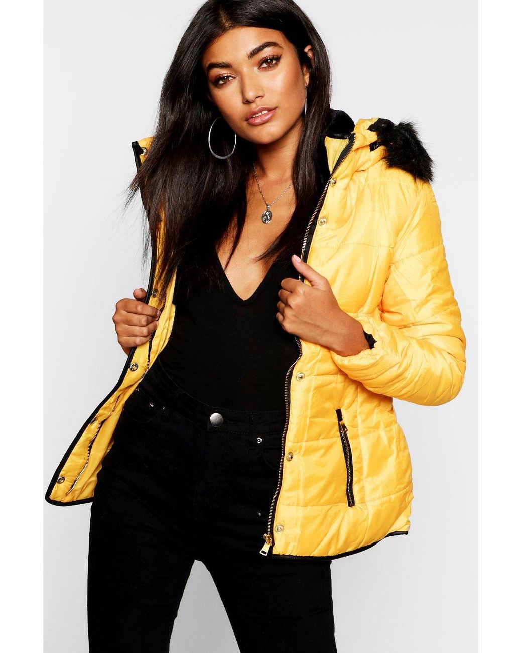 Lyst Boohoo Quilted Faux Fur Trim Jacket in Yellow