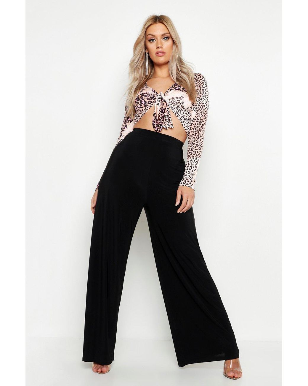 Boohoo Plus Slinky Wide Leg Trousers in Black - Lyst