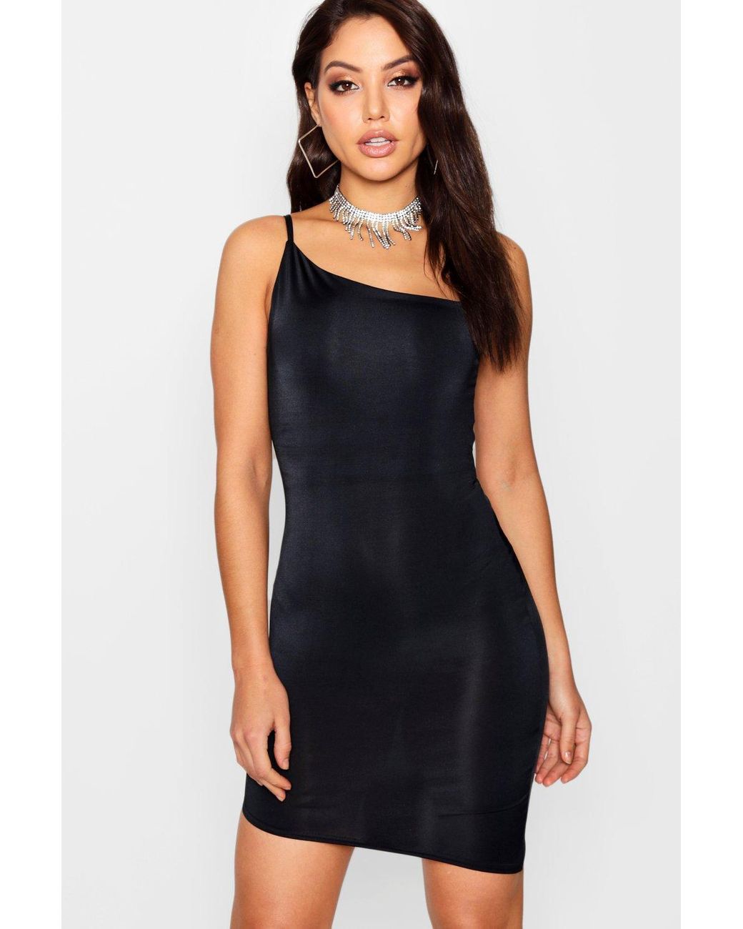 Boohoo Lo Strappy Asymmetric Slinky Bodycon Dress Lyst