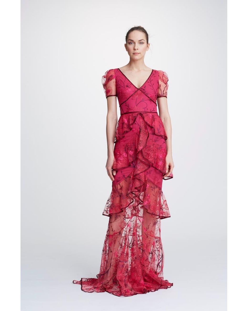 Marchesa notte Short Sleeve Embroidered Tiered Gown in Red - Lyst