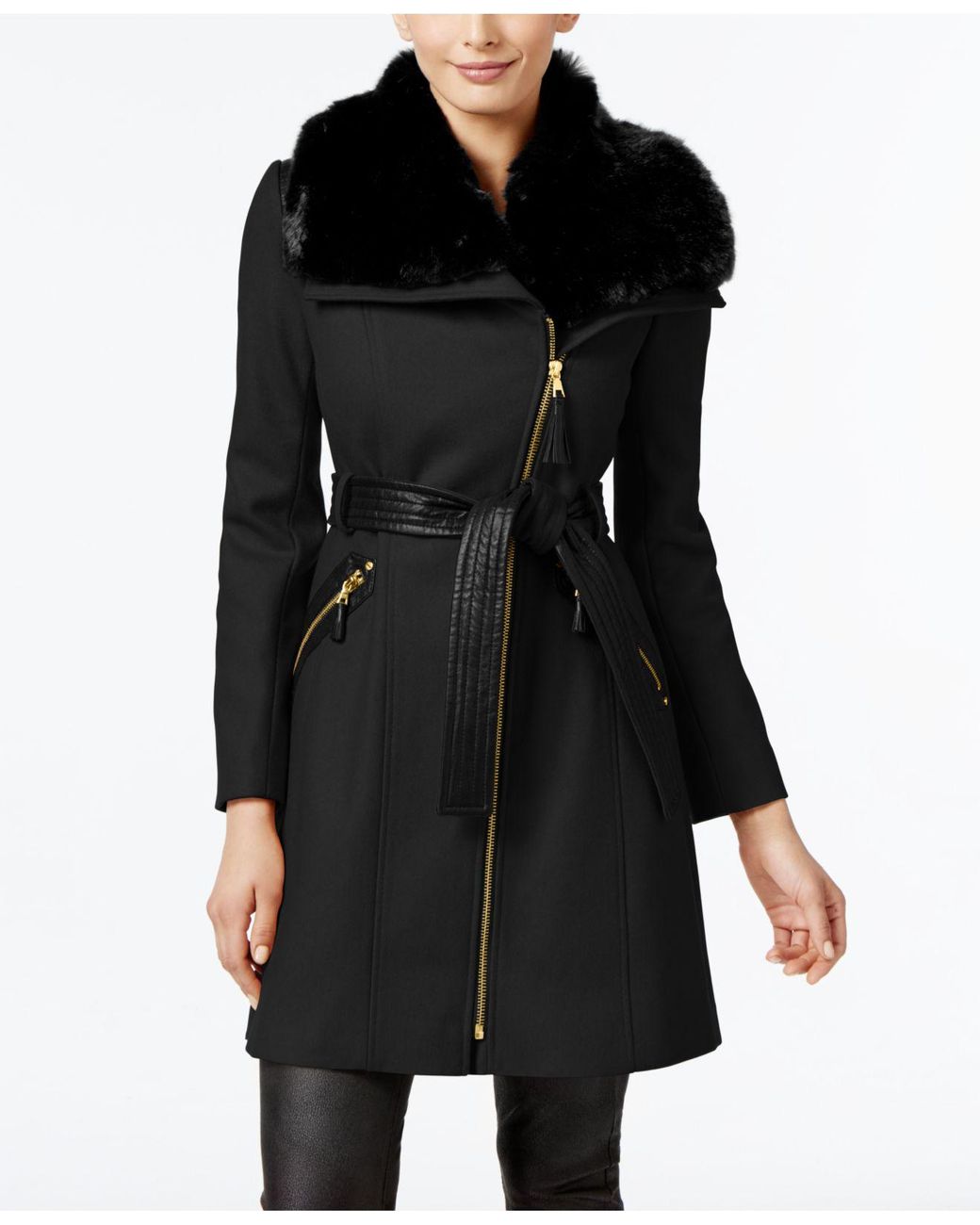 Lyst - Via Spiga Kate Faux-fur-collar Mixed-media Coat in Black - Save ...