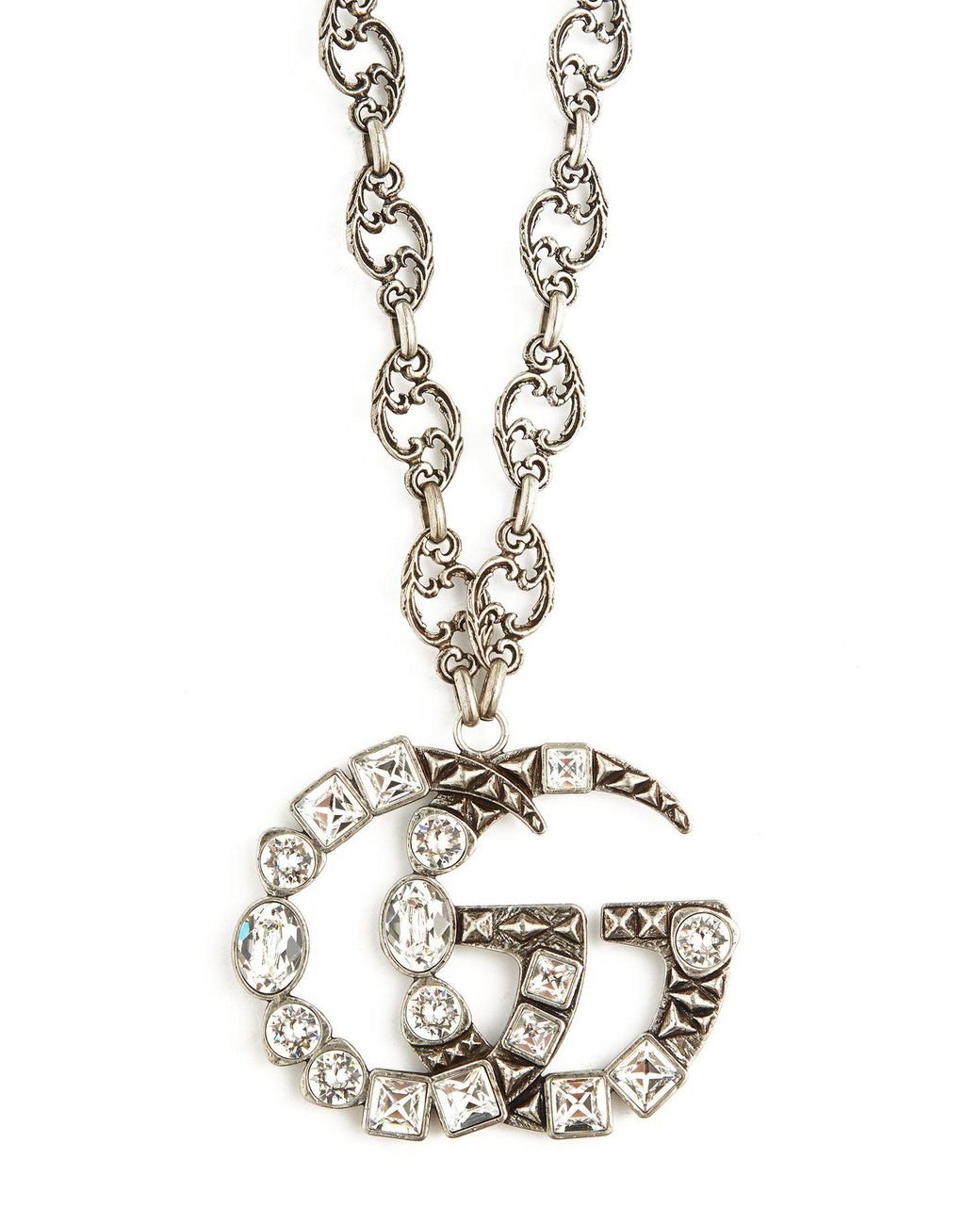 Lyst Gucci Gg Crystal Embellished Pendant Necklace In Metallic