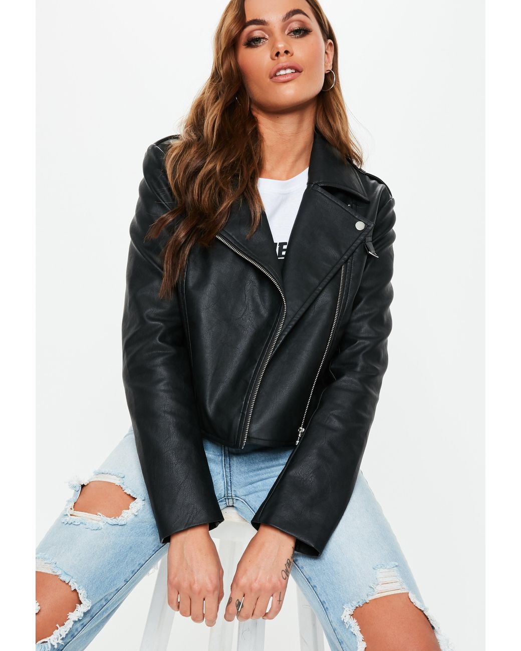 Missguided Black Ultimate Boxy Faux Leather Biker Jacket - Lyst