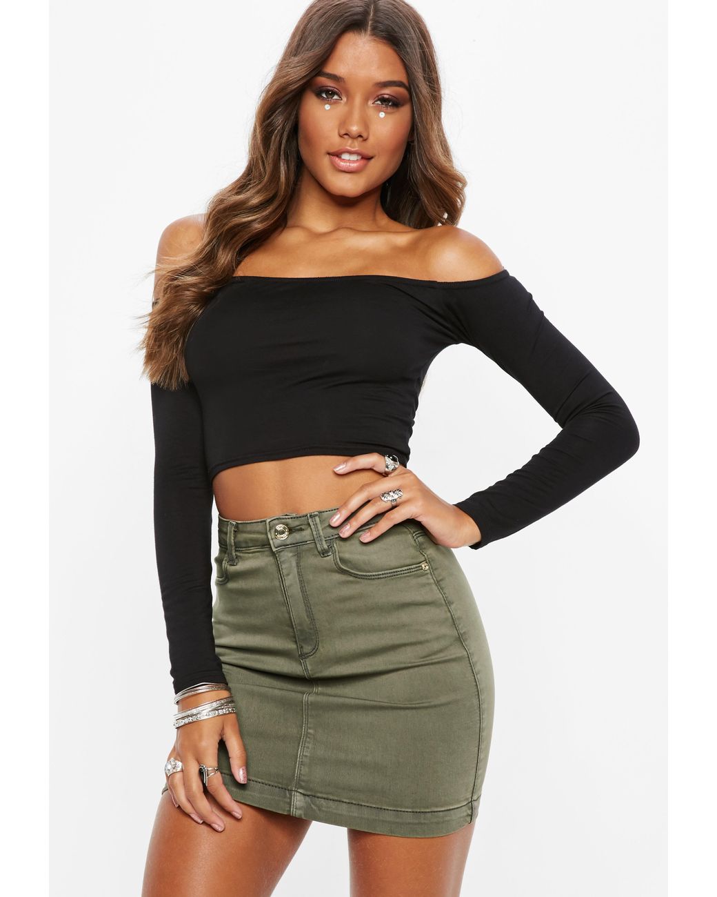 Missguided Superstretch Denim Mini Skirt Khaki in Natural - Save 12% - Lyst