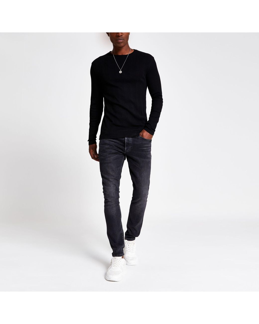 River Island Cotton Ribbed Long Sleeve Slim Fit Tshirt in Black for Men Lyst