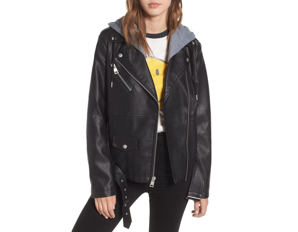 Levi S R Fleece Hood Oversized Faux Leather Moto Jacket In