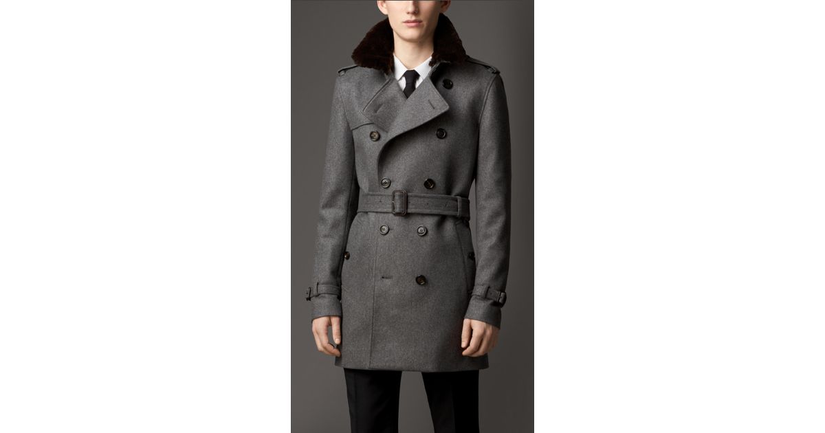 Lyst - Burberry Fur Collar Cashmere Trench Coat in Gray for Men