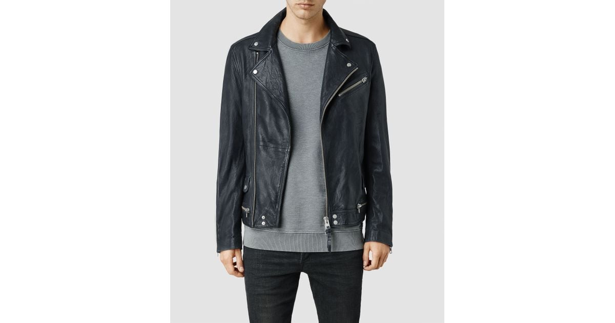 Allsaints Arrow Leather Biker Jacket In Blue For Men Lyst